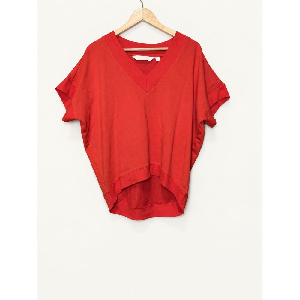 Carla Rockmore Collection Oversized V Neck Sweatshirt Red Orange Boxy Hi Low M